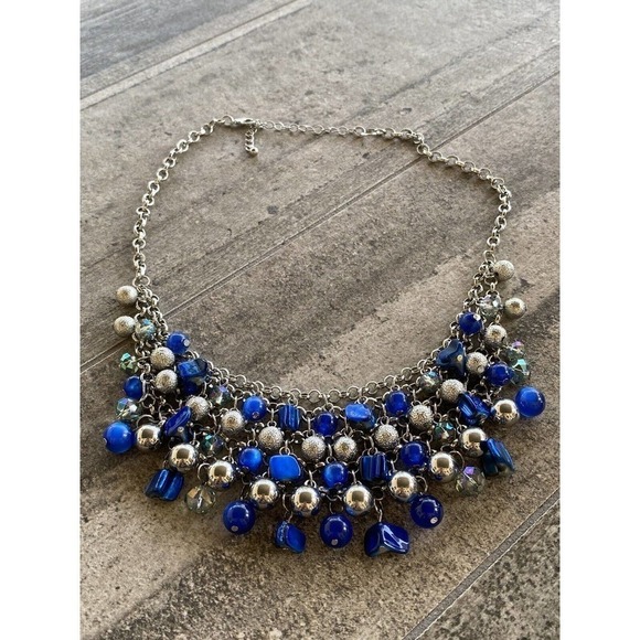 Necklace Fashion Apron Beaded Silver Tone Blue 19”+3” - Picture 8 of 9